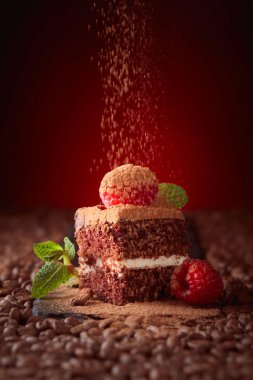 Çikolatalı kek ahududu ve naneli kahve çekirdekleri ile bir tabloda closeup. Kakao tozu ile serpilir.