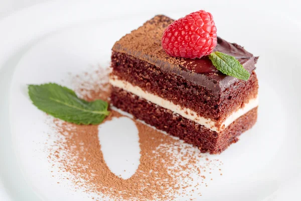 Ciasto Czekoladowe Mięty Maliny Liści Białym Talerzu Posypane Kakao Proszku — Zdjęcie stockowe