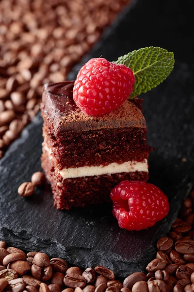 초콜릿 케이크 딸기와 민트의 — 스톡 사진