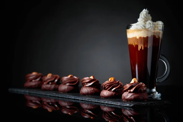Chocolate Dessert Hazelnut Coffee Cream Black Reflective Background Copy Space — Stock Photo, Image