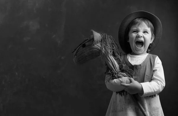 Screaming Little Girl Homemade Toy Little Girl Dressed Cowboy Playing — Stock Photo, Image