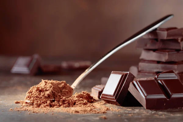 Broken Chocolate Pieces Cocoa Powder Small Spoon Wooden Background Copy — Stock Photo, Image