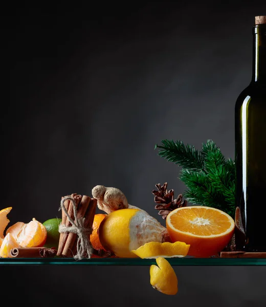 Ingredientes Para Vinho Ruminado Bebida Quente Com Citrinos Especiarias Copie — Fotografia de Stock
