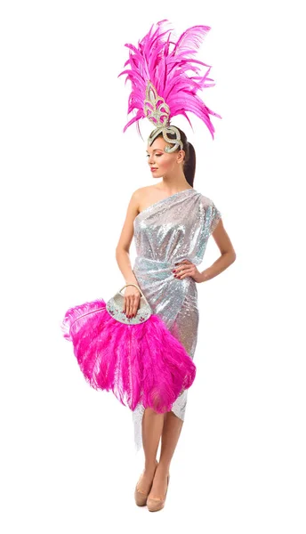 Beautiful Cabaret Dancer Costumes Rhinestones Purple Feathers Isolated White Background — Stock Photo, Image