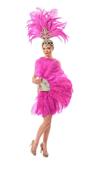 Hermosas Bailarinas Cabaret Trajes Con Pedrería Plumas Púrpuras Aisladas Sobre — Foto de Stock