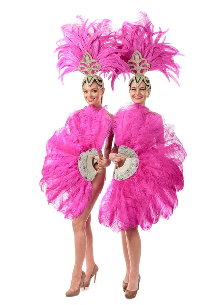 Wunderschöne Tänzerinnen Kostümen Mit Strass Und Lila Federn Auf Weißem — Stockfoto