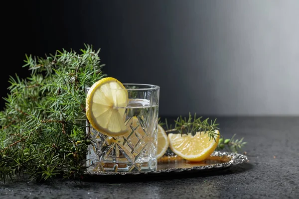 Cocktail Gin Tonic Med Skivor Citron Och Kvist Enbär Kopiera — Stockfoto