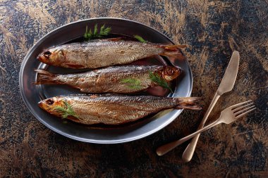 Metal bir tabak üzerine dereotu ile ringa balığı füme. Metniniz için kopya alanı.