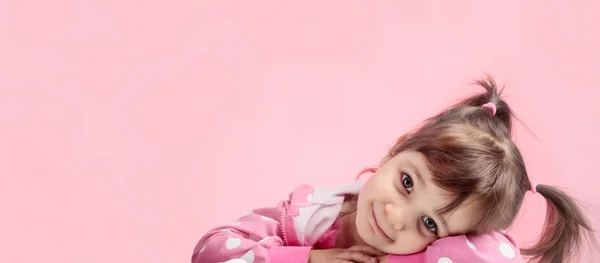 Portrait Cute Little Girl Pigtails Pink Background Little Girl Pink — Stock Photo, Image