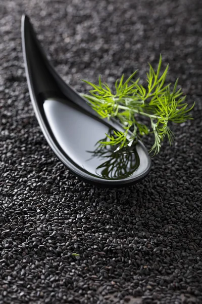 Plant Oil Small Bowl Dill Branches Background Black Sesame Copy — Stock Photo, Image