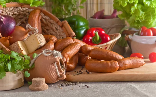 Bavarian Sausages Greens Vegetables Kitchen Table — Stock Photo, Image