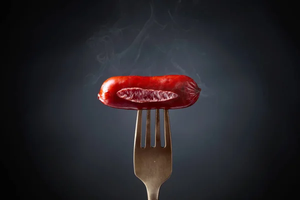 Grilled Sausage Fork Black Background Copy Space — Stock Photo, Image