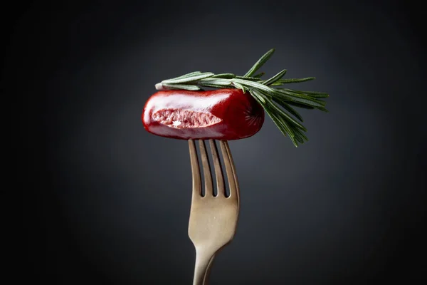 Grilled Sausage Rosemary Fork Black Background Copy Space — Stock Photo, Image