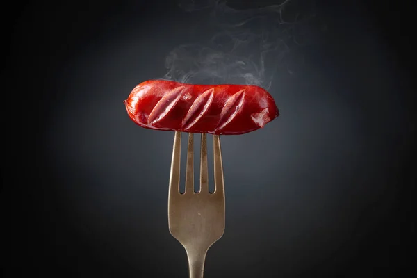 Grilled Sausage Fork Black Background Copy Space — Stock Photo, Image