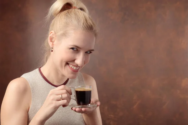 Portrait Beautiful Mid Age Woman Cup Coffee Attractive Happy Blonde — Stock Photo, Image