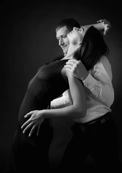 Young Beautiful Woman Black Dress Man White Shirt Dancing Tango — Stock Photo, Image