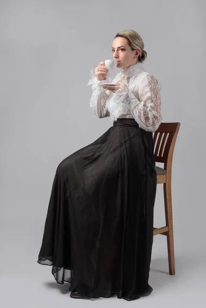 Portrait Woman Victorian Clothes Cup Coffee White Blouse Lace Embroidery — Stock Photo, Image