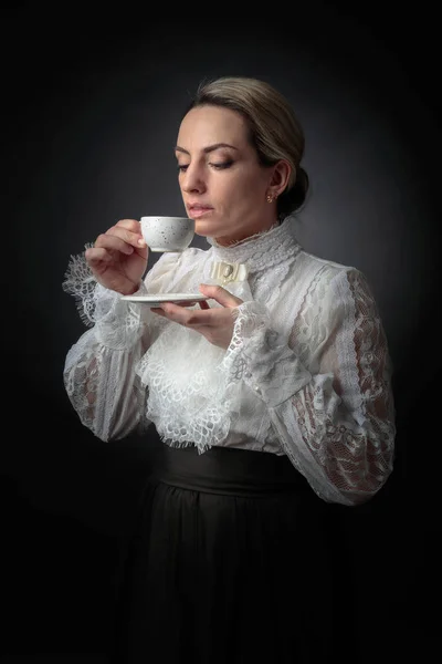 Portrait Woman Victorian Clothes Cup Coffee White Blouse Lace Embroidery — Stock Photo, Image