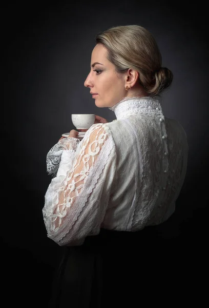 Portrait Woman Victorian Clothes Cup Coffee White Blouse Lace Embroidery — Stock Photo, Image