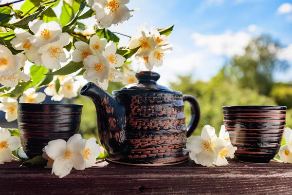 Jasmine Tea Small Ceramic Cups Old Wooden Table Garden Copy — Stock Photo, Image