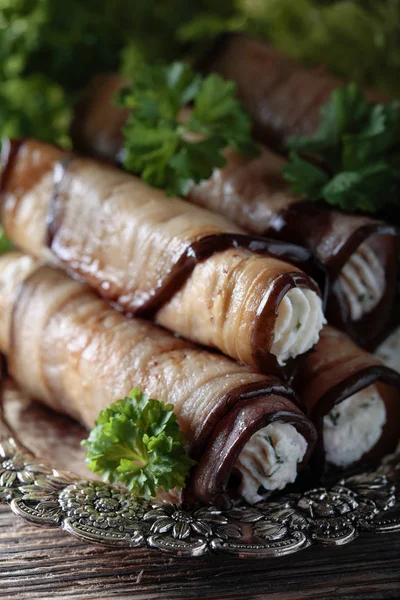 Tasty Eggplant Rolls Stuffed Cheese Garlic Silver Dish — Stock Photo, Image