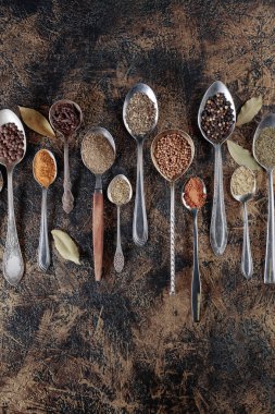 Vintage bir arka plan üzerine kaşık içinde farklı baharatlar. Alan metni kopyalayın. Üstten görünüm.