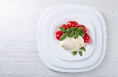 Domates ve yeşil basil beyaz bir plaka üzerinde mozzarella peyniri. Kopya alanı.