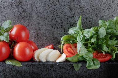 Fesleğen ve domates ile mozzarella peyniri. Metniniz için kopya alanı.