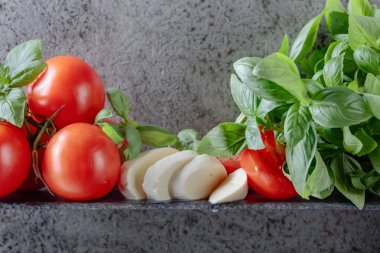 Fesleğen ve domates ile mozzarella peyniri. Metniniz için kopya alanı.