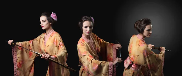 Beautiful woman in traditional Japanese  kimono with katana. Attractive girl with Japanese  sword katana. Girl pulls the sword from its sheath, merged three images.