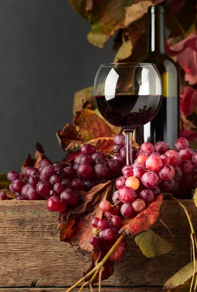Kırmızı Şarap Üzüm Asma Ile Eski Ahşap Bir Masa Üzerinde — Stok fotoğraf