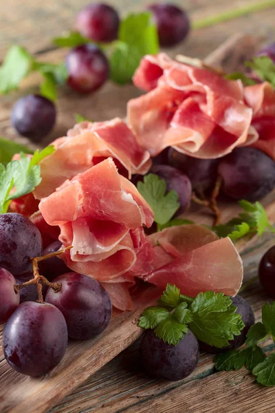 Prosciutto Parsley Grapes Old Wooden Table Healthy Organic Food — Stock Photo, Image