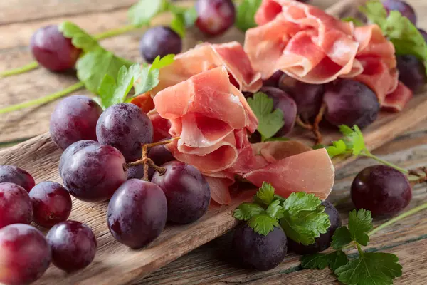Prosciutto Parsley Grapes Old Wooden Table Healthy Organic Food — Stock Photo, Image