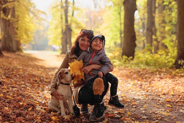 Mid age woman with little girl and beagle  in the autumn park. — Stock Photo, Image