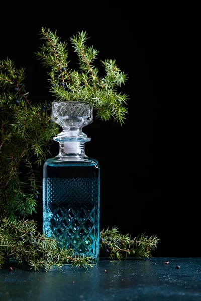 Gin dans la carafe et la branche de genièvre avec des baies . — Photo