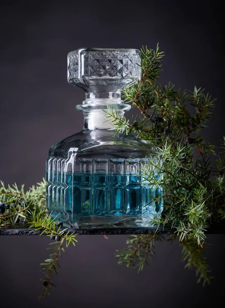 Gin i decanter och enbär gren . — Stockfoto