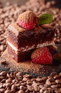 Çikolatalı kek Ahududu ve nane ile kakao powd serpilir