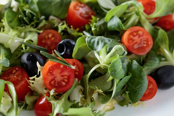 Salada verde com tomates, alecrim e azeitonas pretas . — Fotografia de Stock