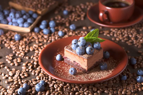 Schokoladenkuchen mit Blaubeeren und Minze . — Stockfoto