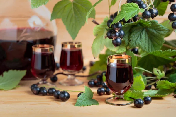 Hausgemachter schwarzer Johannisbeerlikör und frische Beeren . — Stockfoto