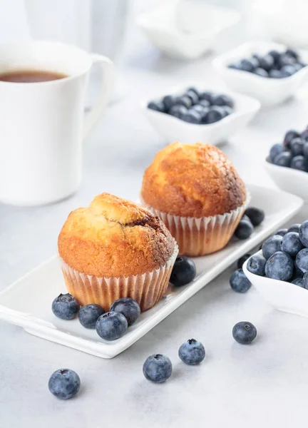 Muffins e mirtilo na mesa branca . — Fotografia de Stock