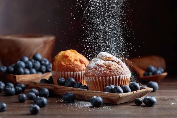 Muffins en bosbessen bestrooit met poedersuiker. — Stockfoto