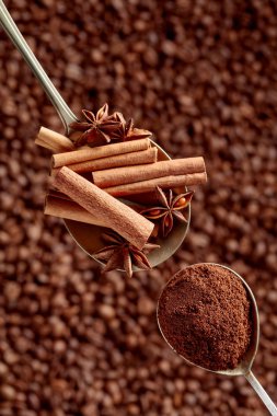 Tarçın çubukları ile öğütülmüş kahve ve anason Kaşık.