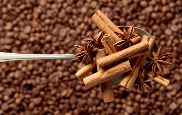 Sked med anis och kanel pinnar på bakgrunden av kaffe — Stockfoto