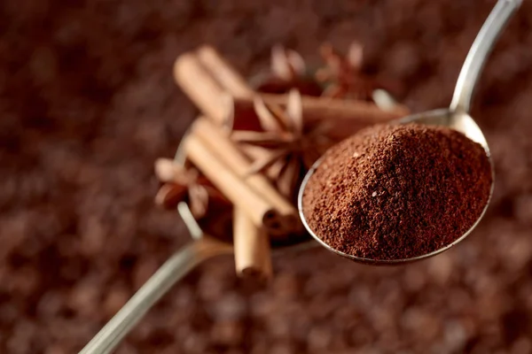 Spoons of ground coffee and anise with cinnamon sticks. — Stock Photo, Image