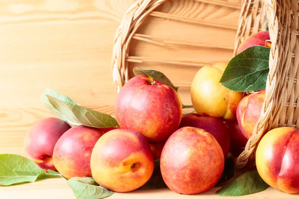 Nectarines in mand op een houten tafel. — Stockfoto