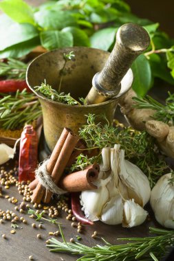 Farklı otlar ve baharatlar ahşap bir masa üzerinde . 