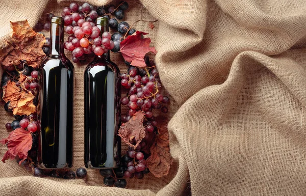 Red wine bottles and  grapes with dried up vine leaves. — Stock Photo, Image
