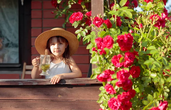 Portret małej dziewczynki w słomkowym kapeluszu ze szklanką herbaty ziołowej. — Zdjęcie stockowe