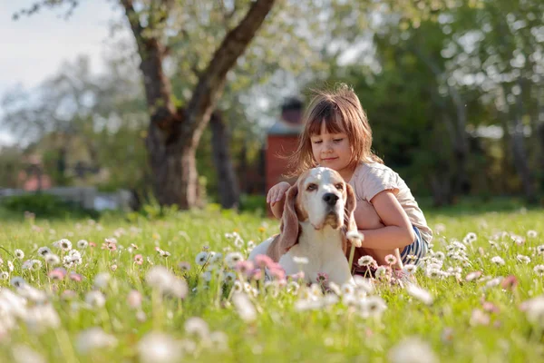 Mutlu küçük kız bahçede köpekle oynayan. — Stok fotoğraf